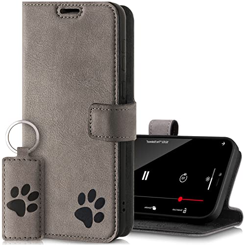 SURAZO Handyhülle für Xiaomi Poco X3 Pro NFC – Premium Echtleder Hülle mit Pfote Motiv – Wildleder Klapphülle mit Standfunktion, Kartenfach und Schlüsselring - Handmade RFID Schutzhülle (Grau)