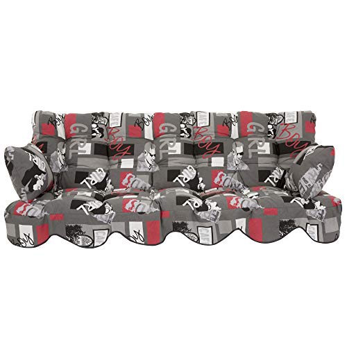 PATIO Auflagen Set Minorca 184 cm für Hollywoodschaukel Polsterauflage Sitzkissen Rückenkissen Seitenkissen Gesteppt (grau rot weiß / Beschriftet)