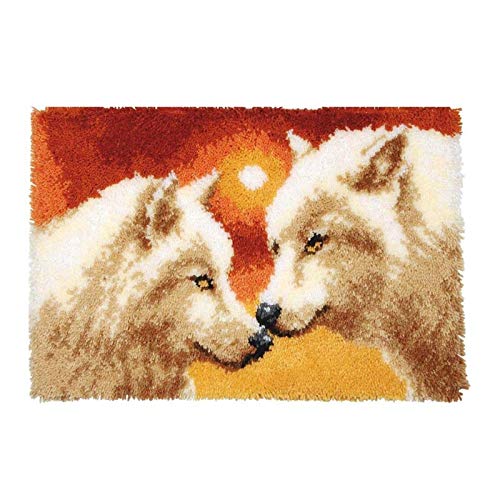 HuaHong Knüpfteppich Kreuzstich, Stickerei Teppich Knüpfen DIY Set Selber Machen Set für Kinder Erwachsene zum Selber Knüpfen, 52 x 38 cm (Color : Wolf)