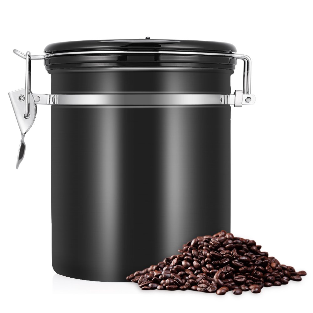 Kaffeedosen Luftdicht, 304 Edelstahl Kaffeebehälter Vorratsdosen Edelstahldose Vakuum Dose für Kaffeebohnen, Pulver, Tee, Nüsse, Kakao, 1.5L, 16 OZ (Schwarz)