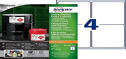 Avery b7169-50 A4 Ultra robuste Wasserdicht GHS Etiketten, bs5609 zertifiziert, für alle Drucker, 99 x 139 mm, weiß
