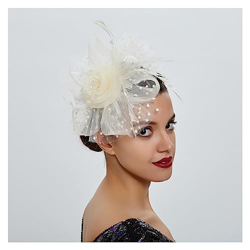 Vintage Damen Feder-Blumen-Fascinator-Hut, Damen-Haarschmuck, Hochzeit, Party, florales Mesh-Schleier-Stirnband, Haarnadel (Color : Beige, Size : 1)