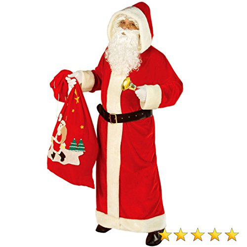 Amakando Weihnachtsmann Mantel aus Samt Nikolauskostüm XL 54/56 mit Kapuze mit Plüschrand, Gürtel mit Schnalle, Kostüm Weihnachtsmann Weihnachtsmannkostüm