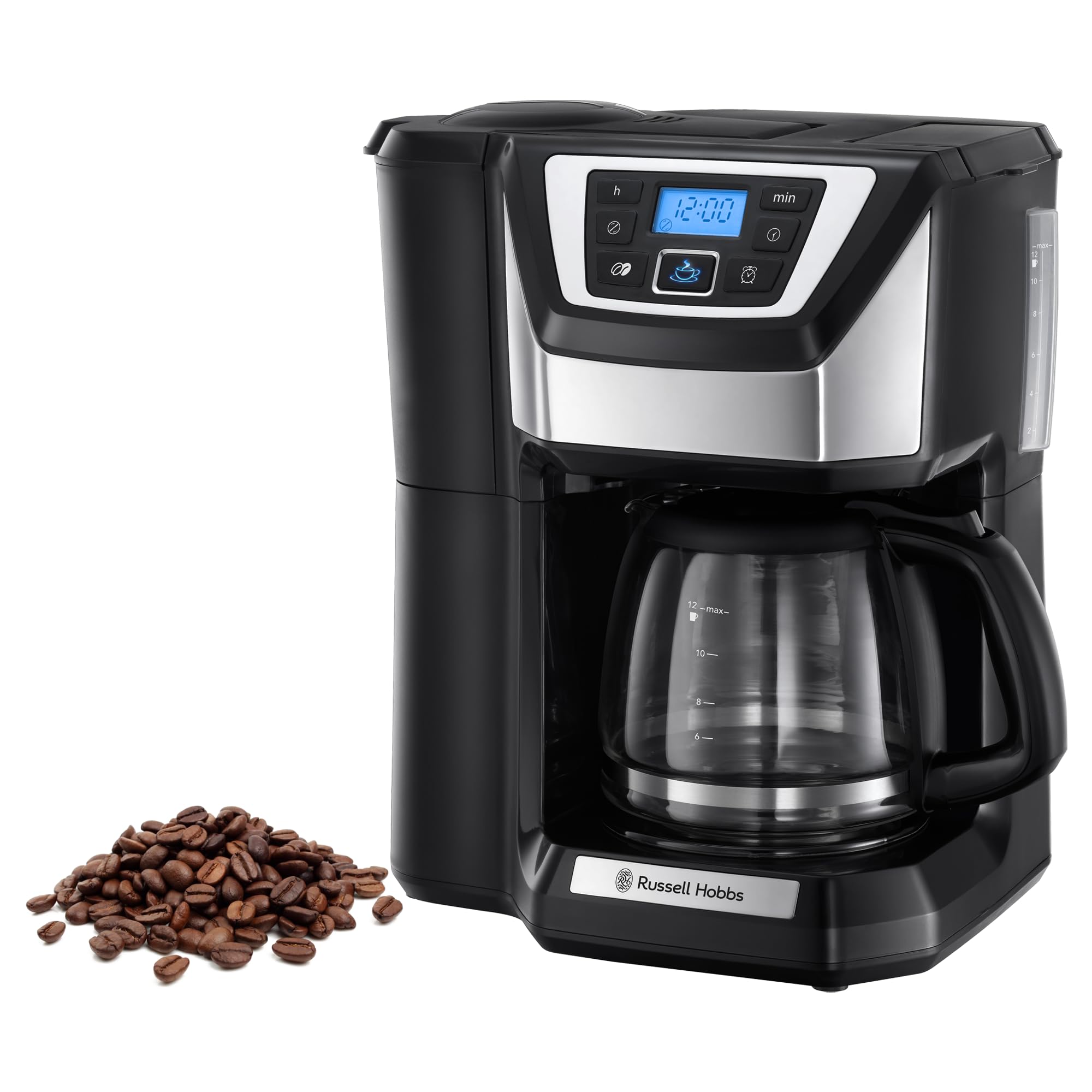 Russell Hobbs Kaffeemaschine mit Mahlwerk [Digitaler Timer, Brausekopf für optimale Extraktion&Aroma] Victory (max 12 Tassen, 1,5l Glaskanne, Mahlgradeinstellung) Filterkaffeemaschine 22000-56/RH