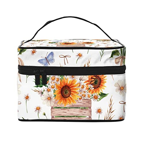 Make-up-Tasche mit Sonnenblumen-Schmetterlingsmotiv für Frauen,Reise-Kosmetiktasche mit großem Fassungsvermögen,tragbare Kulturtasche mit Sonnenblumen-Motiv,Make-up-Beutel für Mädchen,niedlicher