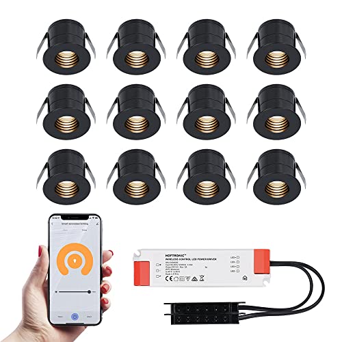 HOFTRONIC Betty - 12er Set Mini LED Einbaustrahler 12V Schwarz - Smart Home - WiFi + Bluetooth - IP44 Wasserdicht Dimmbar - 2700K Warmweiß - Google Home, Amazon Alexa & Siri - für Terrassendach & Bad