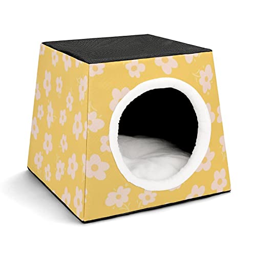Bedruckter Katzenwürfel Haustier Haus für Katzen Indoor Katzenhöhle Katzenbett Hundehütte Waschbar Winterfest Weiße Blumen Gelb