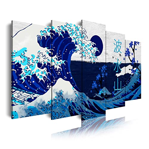DekoArte - Kunstdruck auf Leinwand Modern Kunstdruck | Dekorative Leinwand für Ihr Wohnzimmer oder Schlafzimmer | Abstrakte und moderne Kunst Die große Welle von Kanagawa blau | 5-teilig 150x80cm