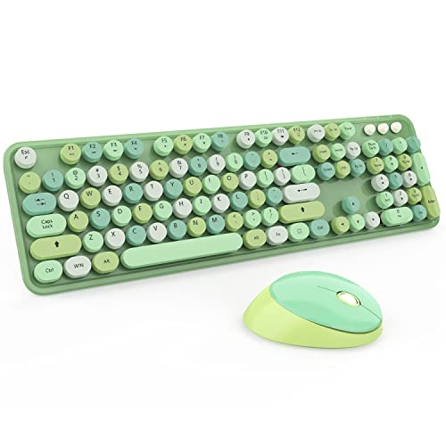 Kabellose Tastatur und Maus, niedliche, bunte 104-Tasten-Schreibmaschine, Retro-Tastenkappen, Tastatur für PC, Laptop, Windows, Desktop, perfekt für Heim- und Büro-Tastaturen (grün)