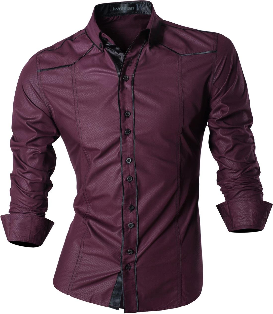 jeansian Herren Freizeit Hemden Shirt Tops Mode Langarmshirts Slim Fit Z034 WineRed M