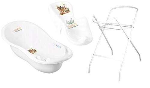 3er Set Baby-Badewanne Set ergonomische Babywanne 86 cm + Ständer Gestell + Badesitz Badewannensitz (3er Set, Hirsch)