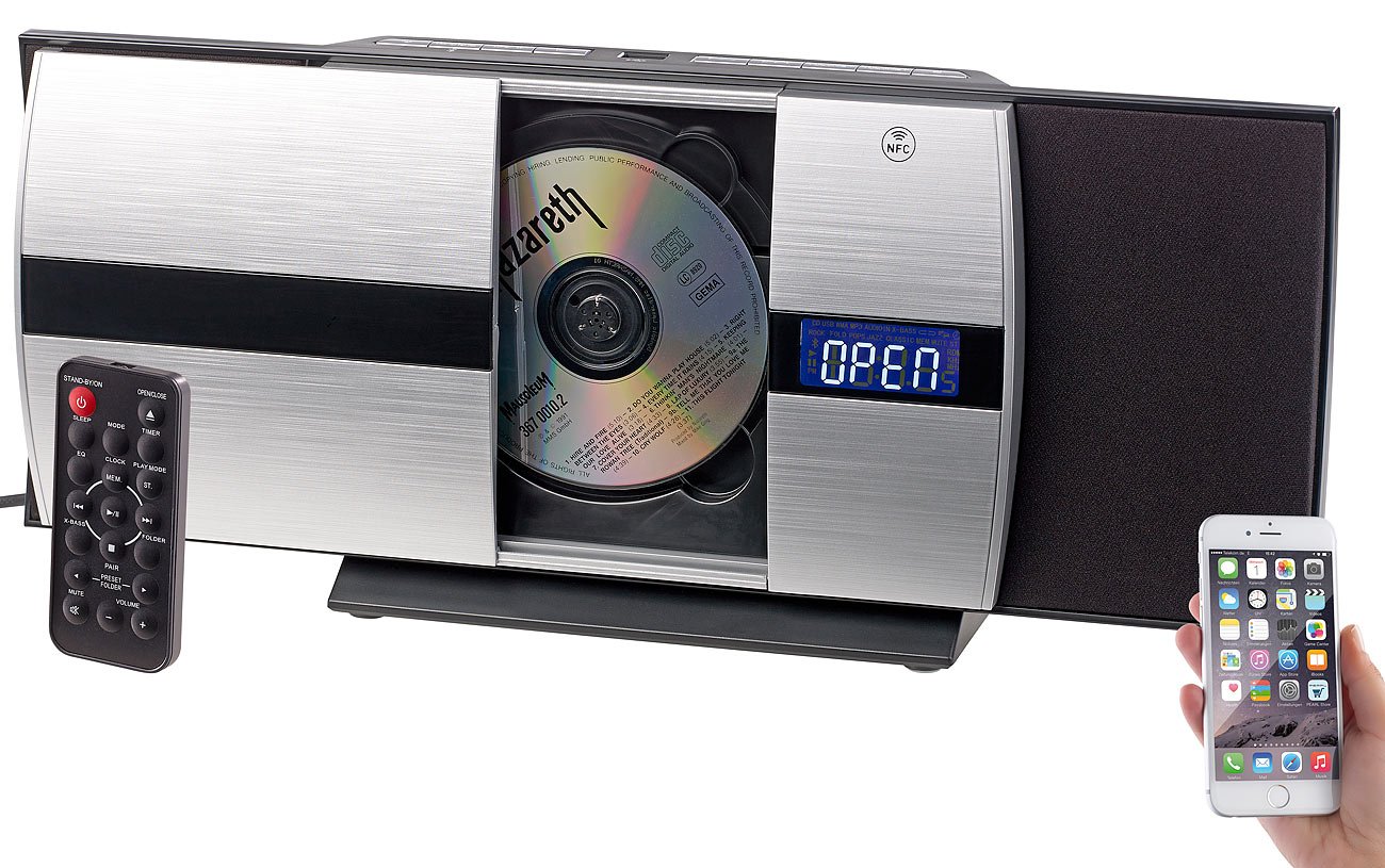 auvisio CD Player Vertikal: Vertikale Stereoanlage mit Bluetooth, CD, MP3, Radiofunktion, AUX, NFC, 20 W (Vertikale Musikanlage)