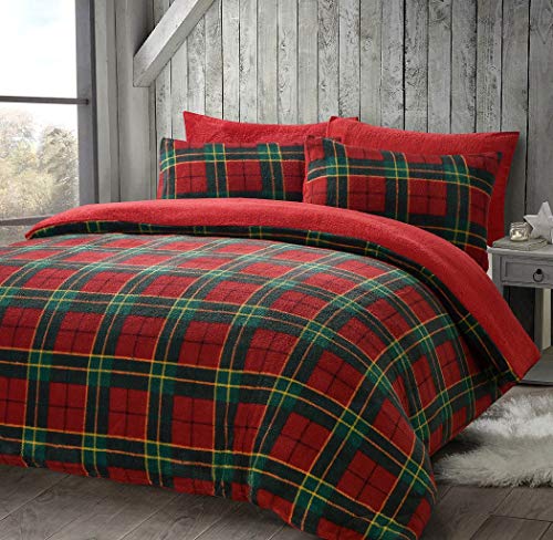 LJ Luxuriöses Bettbezug-Set, kariert, Teddy-Fleece, superweich, warm, gemütlich, Sherpa-Fleece, Bettbezug-Sets (rot, Einzelbettgröße)
