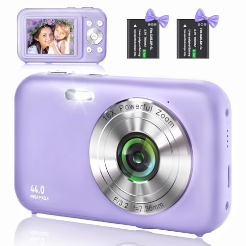 Digitalkamera 1080P FHD 44MP Fotokamera Kompaktkamera, Wiederaufladbare Digitalkameras, Digital Kamera mit 16X Digitalzoom für Kinder, Erwachsene(Violett)