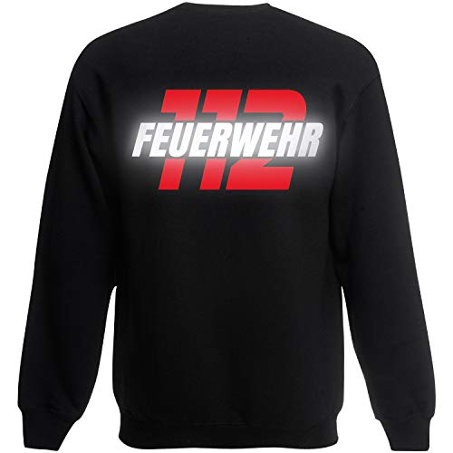Shirt-Panda Herren Sweatshirt Feuerwehr 112 - Druck Brust & Rücken Schwarz (Druck Rot/Reflex) XXL