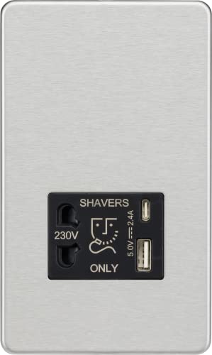 Knightsbridge Schraubenlose Rasiersteckdose mit Dual USB A + C (5 V DC 2,4 A geteilt) – gebürstetes Chrom mit schwarzem Einsatz