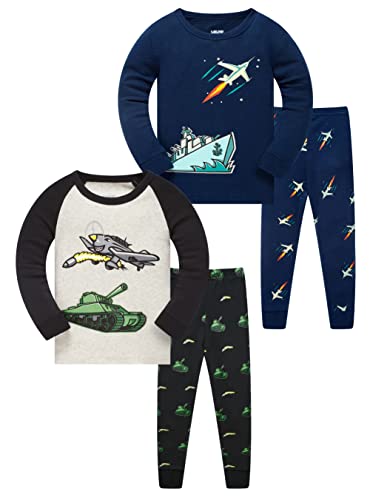 LOLPIP Jungen Pyjamas Set Kinder Kleidung 100% Baumwolle Nachtwäsche Fahrzeuge Gedruckt Flugzeug Schiff Tank Nachtwäsche Langarm 3-4 Jahre