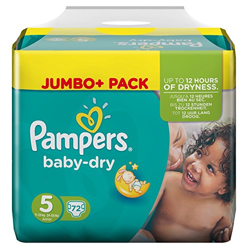 Pampers Baby-Dry Größe 5, 72 Windeln, 11-16 kg, Jumbo+ Pack, Luftkanäle für atmungsaktive Trockenheit über Nacht