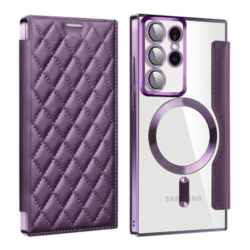 QANXGOG Hülle für Samsung Galaxy S22 Ultra/S22 Plus/S22, Hochwertiges Leder-Klappcover mit Transparenter PU-Rückseite, 3 Kartenfächern und Kameraschutz,Purple,S22 Ultra