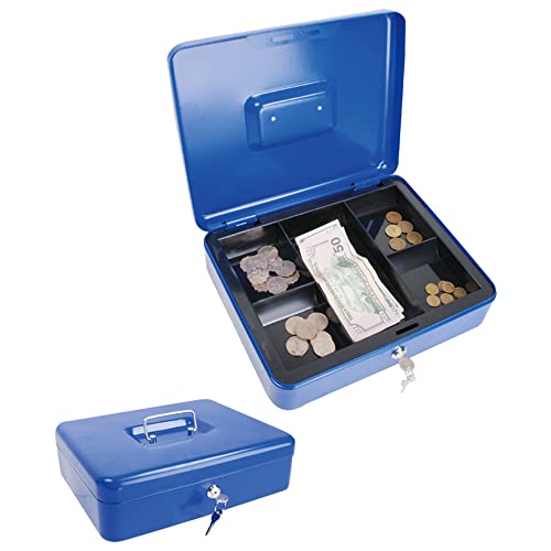 MICEL - 13400 - Geldkassette mit Schlüssel, zum Zählen und Transportieren von Geld, mit Stahlgriff, inkl. Ablagefach, blau, 300 x 240 x 90 mm
