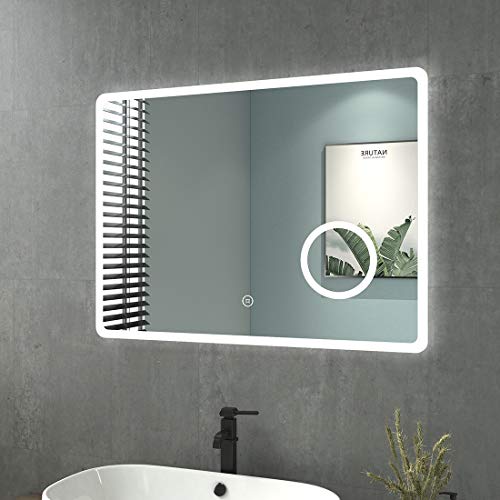 Heilmetz Badezimmerspiegel mit Beleuchtung 80x60 cm, LED Badspiegel 3 Lichtfarbe Dimmbar Rechteckig Wandspiegel mit Touchschalter Beschlagfrei,3-Fach Vergrößerung Kosmetikspiegel [Wasserdicht IP44]