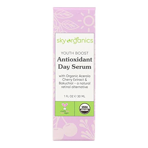 Sky Organics Youth Boost Antioxidant Day Serum for Face USDA Certified Organic to Hydrate, Smooth & Boost Glow 1 fl. Oz