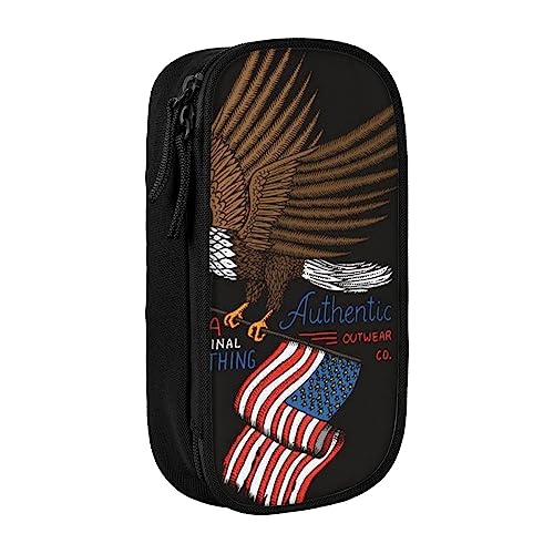 Federmäppchen mit USA-Flagge, Motiv: Patriotischer Adler mit amerikanischer Flagge, mittelgroß, mit Doppelreißverschlüssen für die Arbeit, niedlich, Schwarz , Einheitsgröße, Koffer