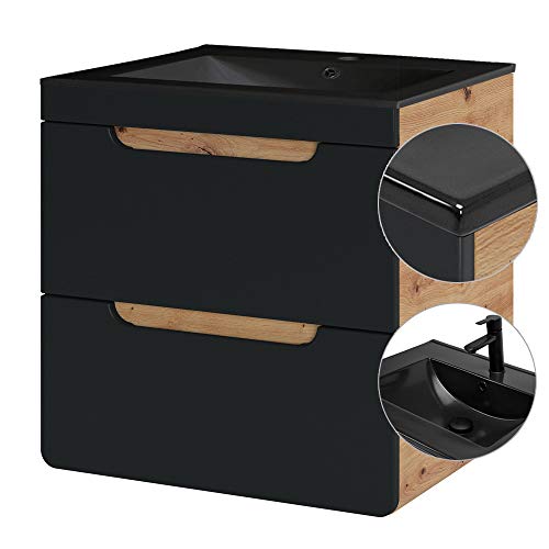 Lomadox Badezimmer Waschtisch Set mit 60cm Keramik-Waschbecken schwarz, Unterschrank seidenmatt anthrazit & Wotaneiche, 2 Softclose-Schubkästen