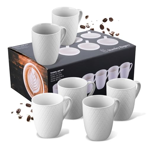 Stanley Rogers 6-teiliges Tassen-Set – Kaffeetassen in modernem Rautendesign – Hochwertiges New Bone Material in Weiß – Perfekt für Heißgetränke wie Kaffee, Tee oder Kakao – 340 ml Volumen