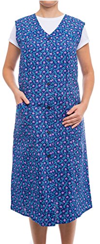 Tobeni Damen Kittelschürze Knopf-Kittel lang in 100% Baumwolle ohne Arm mit Taschen Farbe Design 3 Grösse 60