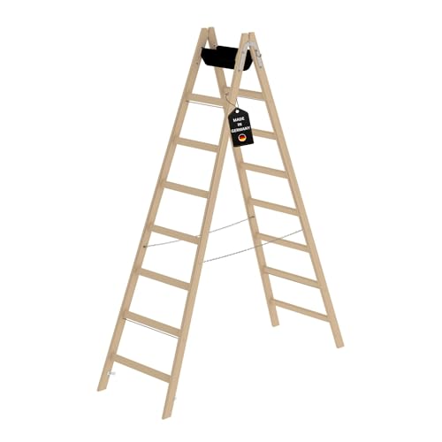 PROREGAL Sprossen-Stehleiter Holz | 2x8 Sprossen | Leiter, Teleskopleiter, Trittleiter, Bockleiter, Sprossen-Doppelleiter
