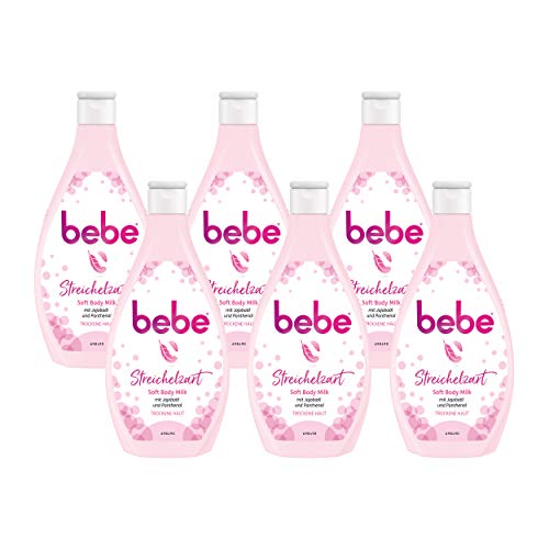 Bebe Bodylotion, Streichelzart Soft Body Milk, mit Jojobaöl und Panthenol, für trockene Haut, 6 x 400ml