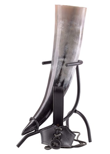 Battle-Merchant Trinkhorn Set 3-teilig mit Trinkhornhalter aus Leder und Trinkhornständer aus handgeschmiedetem Stahl | Mittelalter Wikinger (500ml)