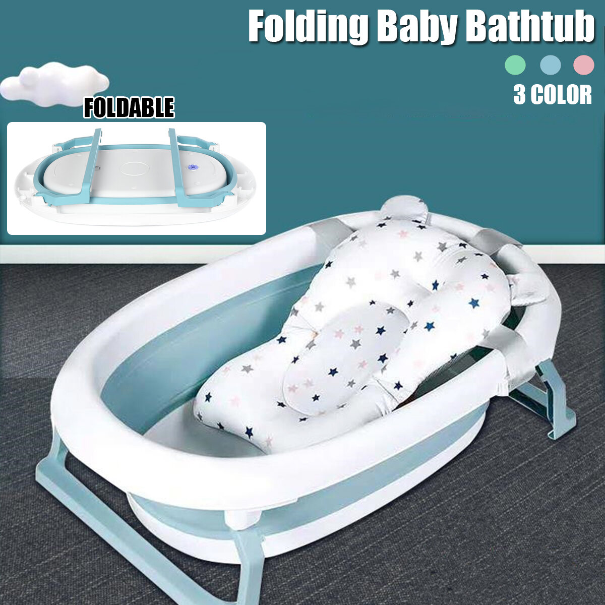 Zusammenklappbare Baby-Badewanne für Neugeborene, zusammenklappbar, mit Kissen, Blau, Grün, Rosa