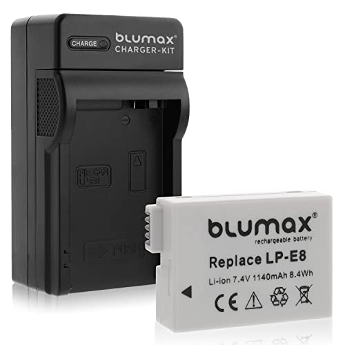 Blumax Kamera Akku für Canon LP-E8 und Blumax Ladegerät für Canon Kamera LP-E8 Akku inkl. Netzteil und Stecker fürs Auto