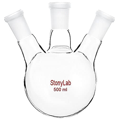 StonyLab 500ml 3 Neck Round Bottom Flask, Glas Dreihalskolben Flask Rundkolben RBF mit 24/40 Standard Taper Outer Joint, Glass 3-Hals Round Bottom Flask RBF - 500ml