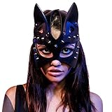 Fangteke Katzenohr Halbgesichtsmaske Sexy Cosplay Katze Pu Leder Niet Maske Halloween Rave Karneval Maskerade Maske