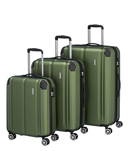 Travelite 4-Rad Koffer Set Größen L/M/S mit TSA Schloss + Dehnfalte (außer Größe S), Gepäck Serie CITY: Robuster Hartschalen Trolley mit kratzfester Oberfläche, 073040-80, grün