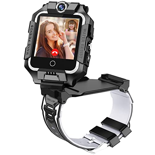 4G GPS Smartwatch für Mädchen Jungen, IP67 Wasserdicht Sport Smart Watch Telefon für Kinder mit Kamera WiFi Video Telefonanruf SOS Schrittzähler Geschenke Kinder 3-14 Yea T10 360° Dual-Kamera schwarz