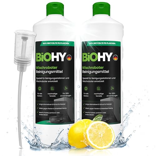 BiOHY Wischroboter Reinigungsmittel (2 x 1 liter) + Dosierer | Speziell für Reinigungsstationen entwickelt | Verlängert die Lebensdauer der Absaugstation | Schaumarmes Bodenreiniger Konzentrat