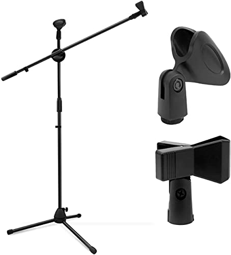 Boden- gefaltetes Mikrofonstativ,Bühnenstativ aus Metall mit Doppelkopf-Mikrofonclips, 360 ° drehbar, 3 Segmente höhenverstellbar, schwarz