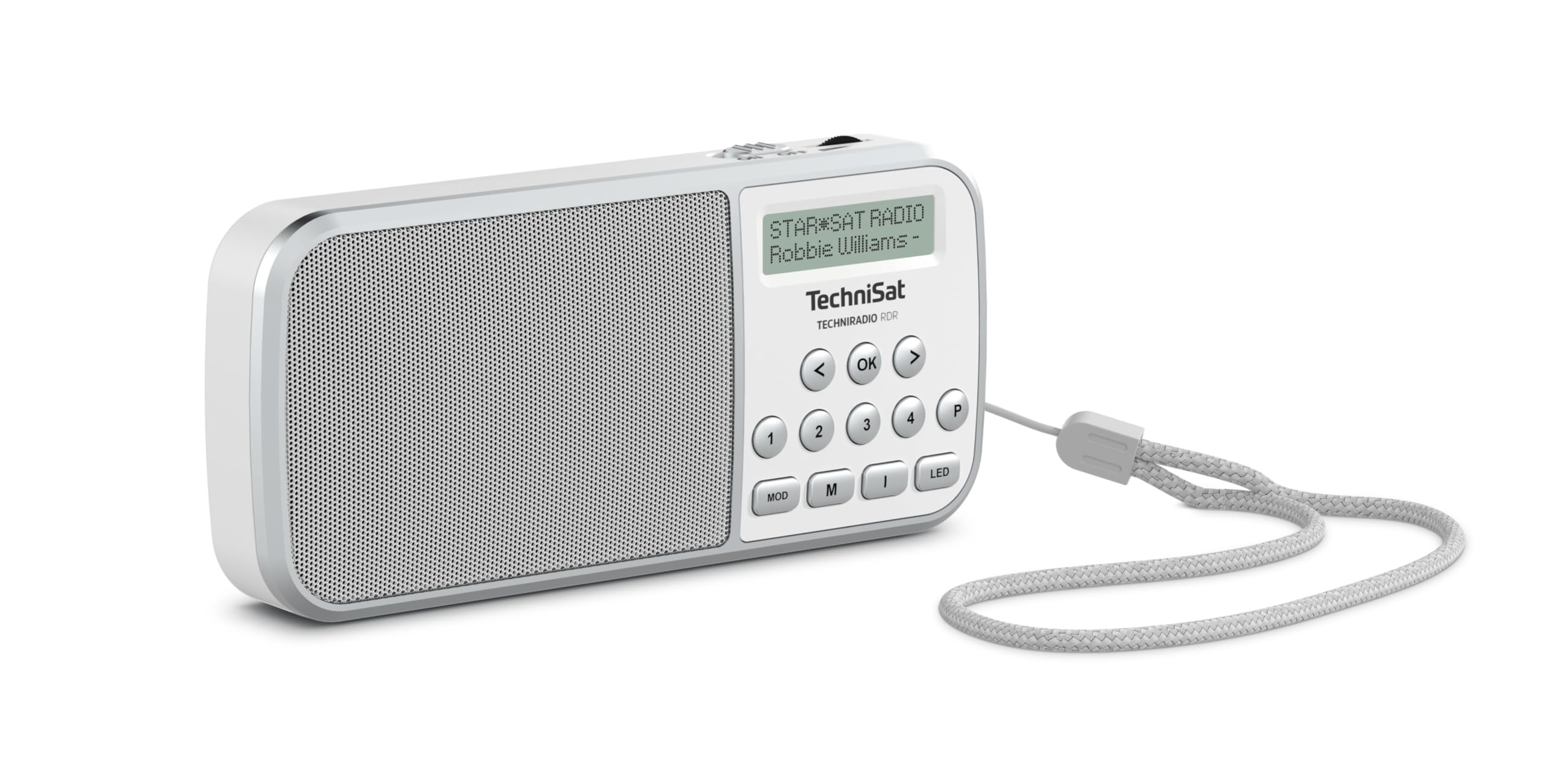 TechniSat TECHNIRADIO RDR – portables DAB+/UKW Radio (LCD-Display, Favoritenspeicher, Direktwahltasten, Kopfhöreranschluss, USB, AUX-in, LED-Taschenlampe, wechselbarer Akku, 1 Watt) weiß