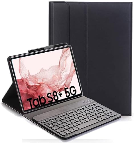 YHFZR Tastatur Hülle für Samsung Galaxy Tab S8+, [AZERTY] Ultradünn Flip Entfernbar Drahtloser Keyboardständer Ledertasche für Samsung Galaxy Tab S8+ X800/X806 12.4" 2022, Schwarz