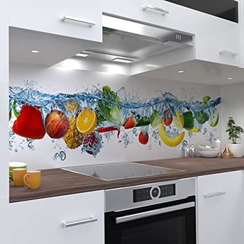 OneWheel | selbstklebende Küchenrückwand | 280x60 cm harte PVC Folie | Wandtattoo für Fliesenspiegel Design Obst Weiss | Motiv: Veggiesplash