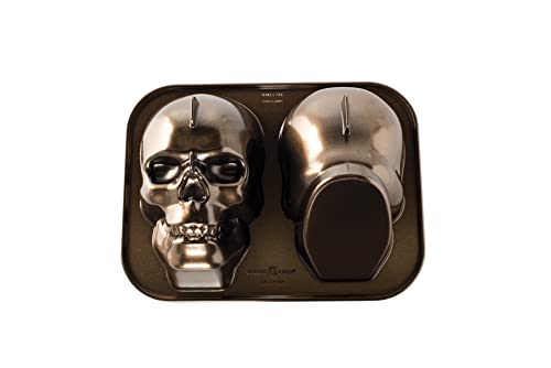 Nordic Ware Haunted Skull Kuchenform 3D Aluguss Gugelhupfform Gugelhupfform mit Totenkopf Muster Premium Kuchenform Made in USA Farbe:Bronze 88448