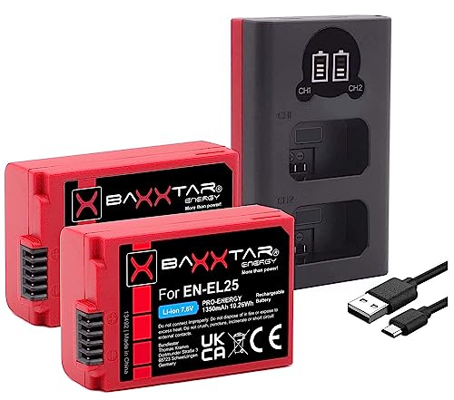 Baxxtar Pro (2X) Akku EN-EL25 (1280mAh) mit Mini LCD DUAL Ladegerät (USB-C/MicroUSB) kompatibel mit Nikon Z50 Z fc