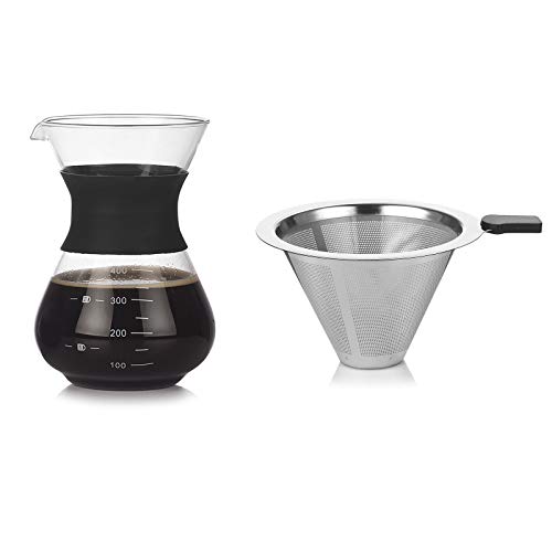 Hosoncovy 2er Pack Gießen Sie über Kaffeemaschine mit Filterglas Kaffeekanne Edelstahl Kaffeefilter Set 400ML Hitzebeständige Kaffeekanne mit Silikonhülle Glas Teekanne