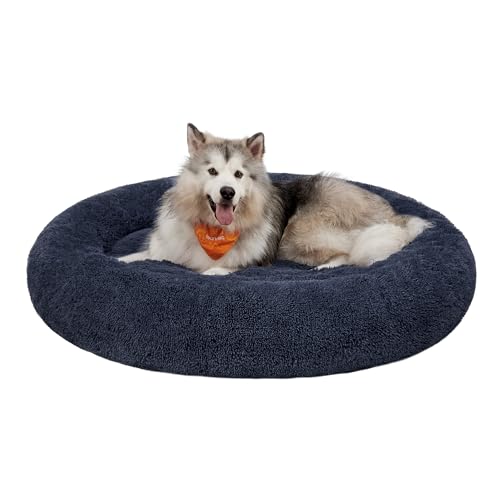 Feandrea Hundebett flauschig, Katzenbett, Donut Kissen, waschbar, Polsterung in der Mitte herausnehmbar, Langer Plüsch, 140 cm Durchmesser, dunkelgrau PGW044G02