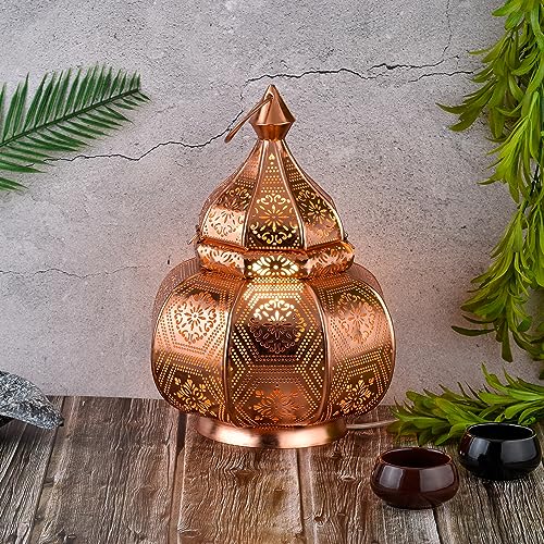 Marrakesch Lampe und Laterne in einem aus Metall 30 cm groß | Tischlampe Windlicht Mahana Kupfer als Orientalische Dekoration