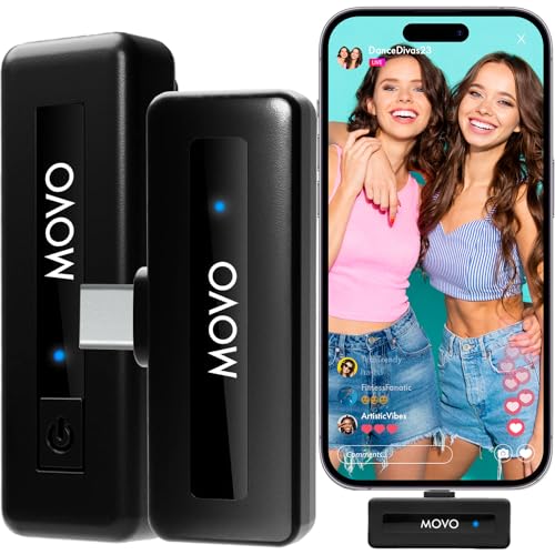 Movo Wireless Mini-Mikrofon, ultrakompakt, 2,4 GHz, kabelloses Mikrofon für Android mit Clip auf Lavalier-Mikrofon, 10HR-Akku,Geräuschunterdrückung – USB-C Ansteckmikrofon für Videoaufnahmen